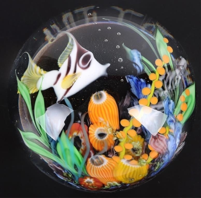 MAYAUEL WARD 2012 TROPICAL REEF GLASS PAPERWEIGHT: Mayauek Ward signed 2012 Tropical Reef glass paperweight. Size: 3.25" Length Condition: Very fine.
