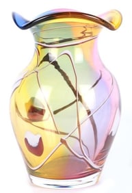 SIGNED HAND BLOWN ART GLASS RAINBOW FLUTED VASE
