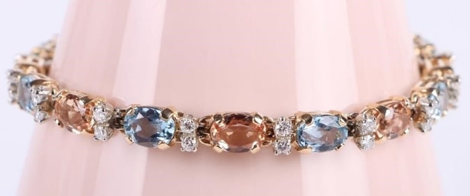 14K YELLOW GOLD DIAMOND TOPAZ AQUA LADIES BRACELET