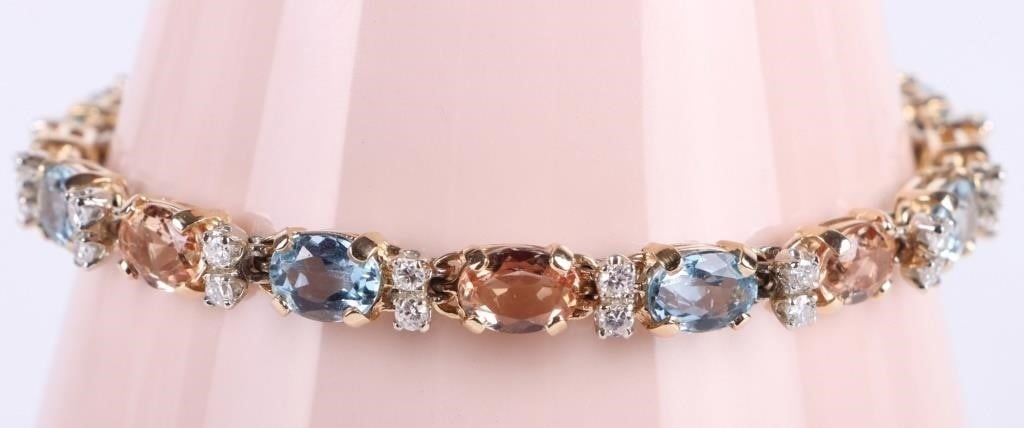 14K YELLOW GOLD DIAMOND TOPAZ AQUA LADIES BRACELET (1 of 4)