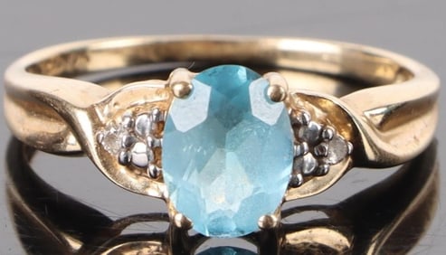 10K YELLOW GOLD BLUE TOPAZ DIAMOND LADIES RING