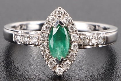 MARQUISE EMERALD DIAMOND 14K WHITE GOLD RING