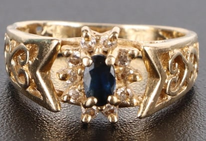 14K YELLOW GOLD SAPPHIRE DIAMOND ORNATE RING