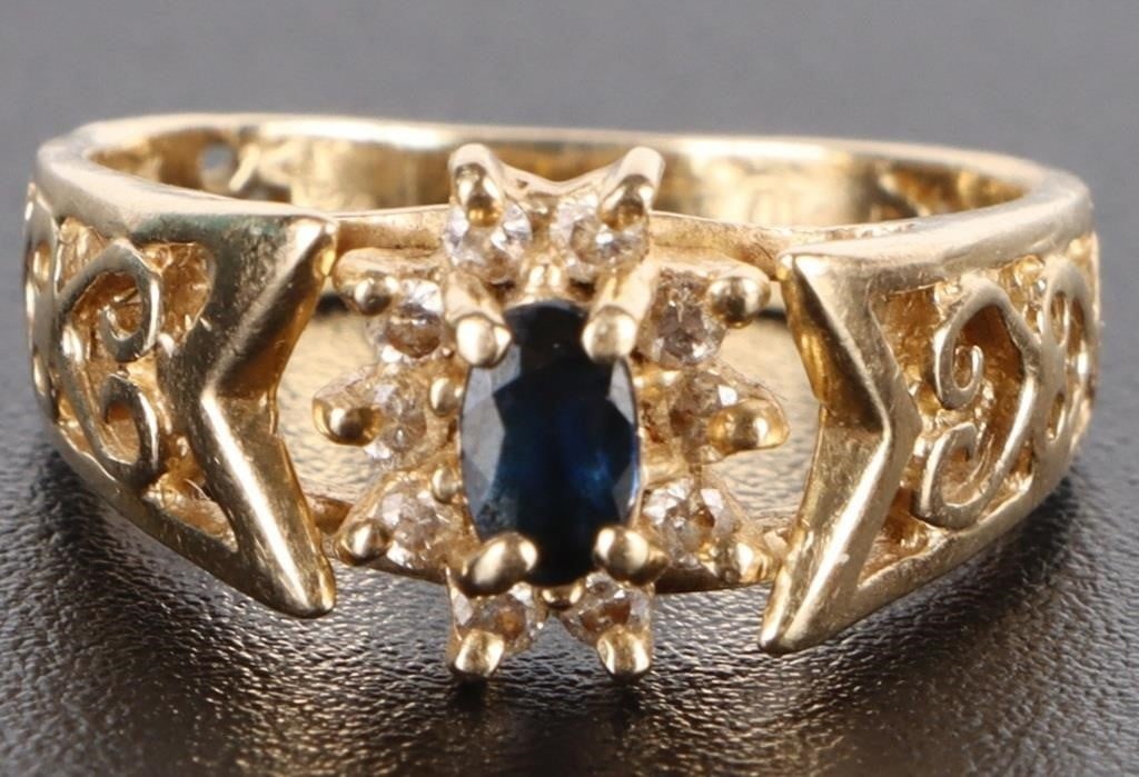 14K YELLOW GOLD SAPPHIRE DIAMOND ORNATE RING (1 of 3)