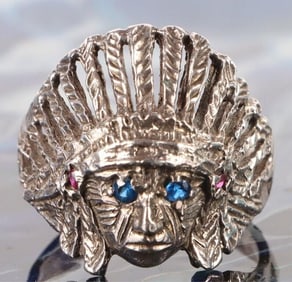 NATIVE AMERICAN CHIEF SPINEL STERLING SILVER RING