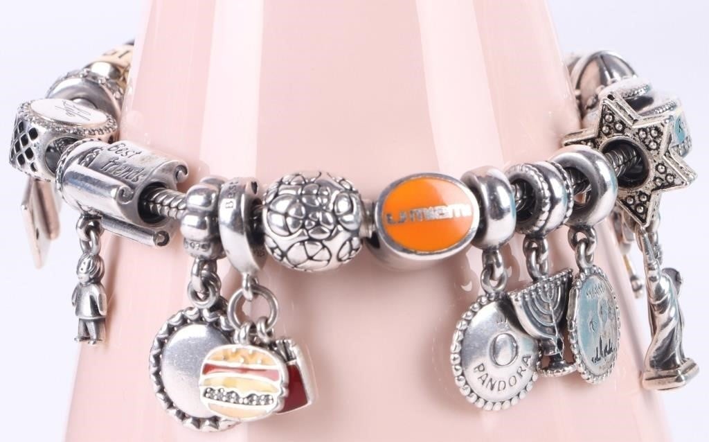 PANDORA STERLING SILVER & GOLD CHARM BRACELET (1 of 5)