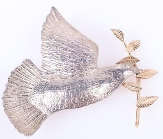 14K YELLOW GOLD & STERLING SILVER DOVE BROOCH
