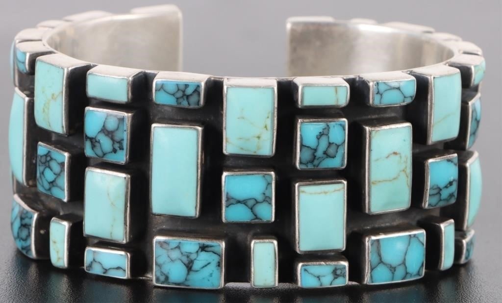 MEXICO STERLING SILVER MOSAIC TURQUOISE BRACELET (1 of 4)