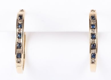 10K YELLOW GOLD SAPPHIRE & DIAMOND HOOP EARRINGS