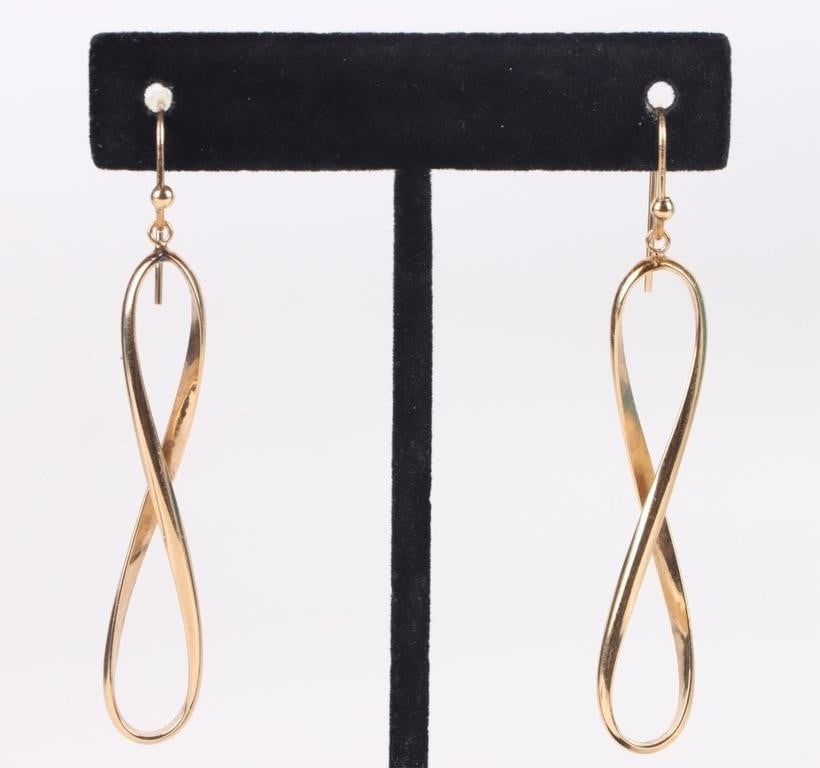 10K YELLOW OLD INFINITY DANGLE LADIES EARRINGS: 10k yellow gold infinity ladies earrings. Weight: 2.0 Grams Size: 2.5" length Condition: Like new.