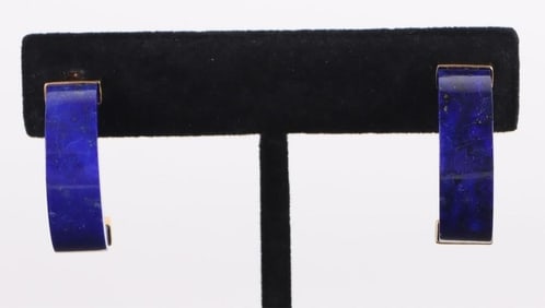 14K YELLOW GOLD LAPIS HALF-HOOP EARRINGS