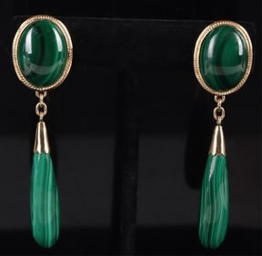 GREEN MALACHITE 14K YELLOW GOLD LADIES EARRINGS