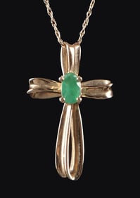 10K YELLOW GOLD EMERALD CROSS LADIES NECKLACE