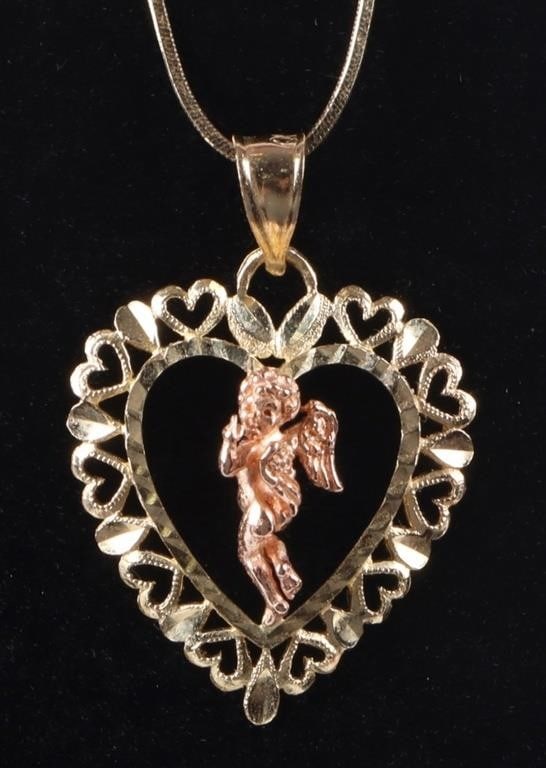 14K YELLOW & ROSE GOLD CHERUB PENDNAT & NECKLACE: 14k yellow and rose gold cherub pendant and necklace.Weight: 4.95 GramsSize: 18" lengthCondition: Very fine.