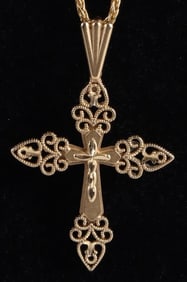 14K YELLOW GOLD FILIGREE CROSS LADIES NECKLACE