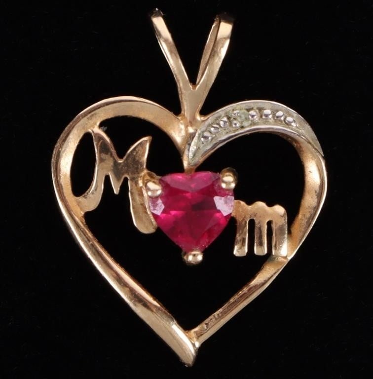 10K YELLOW GOLD RUBY HEART 'MOM' PENDANT (1 of 3)