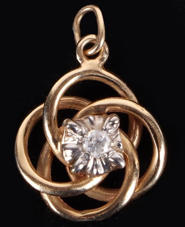 14K YELLOW GOLD DIAMOND LADIES PENDANT: 14k yellow gold diamond ladies pendant with one 0.04ct round diamond. Stone Type: Diamond Size: 0.75" Length Condition: Very fine.