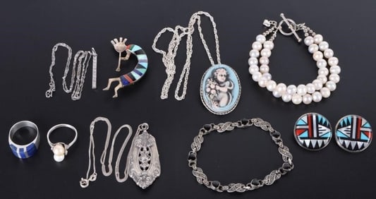 ASSORTED STERLING SILVER LADIES JEWELRY - (7)