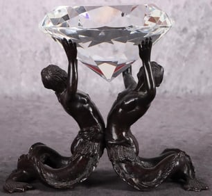 BRONZE MERMAID MEN HOLDING DIAMOND STATUE