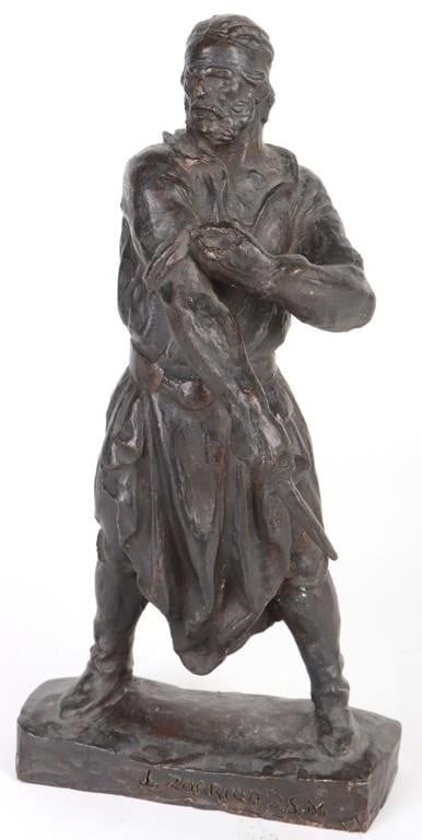 J.L. ZORRILLA 'GAUCHO DESAFIANTE' BRONZE SCULPTURE: Jose Luis Zorrilla de San Martin (1891-1975, Uruguayan) "Gaucho Desafiante" Bronze Sculpture with artist's engraved signature. Size: 6 X 2.5 X 12.5" Condition: Very fine. See images.