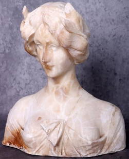 ANTIQUE CARVED MARBLE WOMAN'S ART DECO BUST: Antique carved marble woman's Art Deco bust.Size: 12.5" TallCondition: Wear commensurate with age, some chipping.