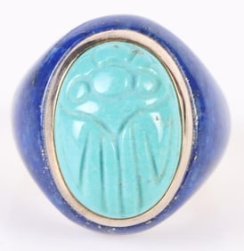 TURQUOISE & LAPIS STERLING SILVER CARVED RING