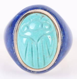 TURQUOISE & LAPIS STERLING SILVER CARVED RING: Turquoise and lapis sterling silver carved beetle ladies ring.Stone Type: AssortedWeight: 13.09 GramsSize: US 7Condition: Very fine.