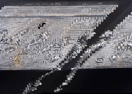 GEORG ROTH & CO. GERMAN SILVER ANTIQUE HANAU BOX: Georg Roth Co. German silver antique 19th century Hanau box with highly detailed scenery. Has a worn gold-guilt interior.Weight: 408.4 gramsSize: 5.0" lengthCondition: Wear commensurate with age.