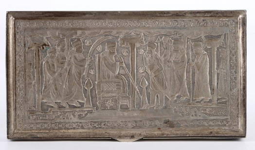 ANTIQUE PERSIAN SILVER ORNATE TRINKET BOX: Antique Persian silver ornate trinket box to depict a ritualistic scene of the king and his servants.Weight: 307.7 GramsSize: 7.25" X 3.50"Condition: Very fine.