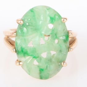 10K YELLOW GOLD CARVED JADE LADIES RING