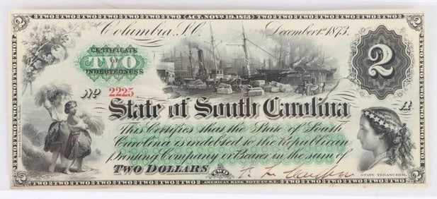 1873 STATE OF SOUTH CAROLINA COLUMBIA $2 BANKNOTE