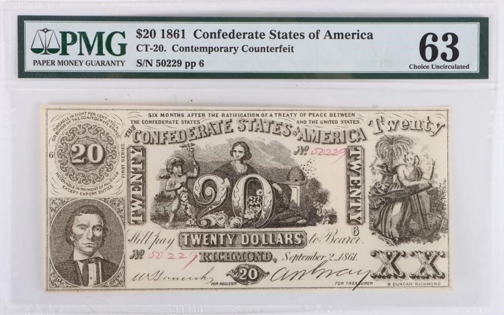 1861 CT-20 CSA $20 COUNTERFEIT BILL PMG 63 CU (1 of 3)