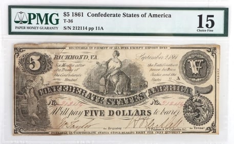 1861 CONFEDERATE T-36 BILL PMG 15 CHOICE FINE