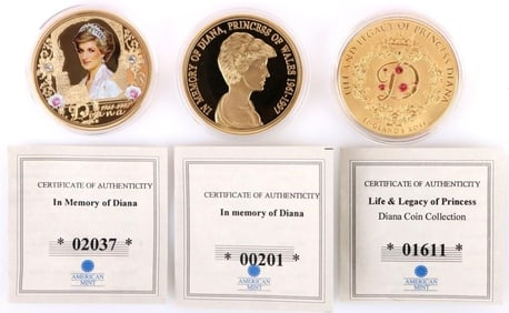 PRINCESS DIANA COMMEM. PROOF COINS 24K GOLD PLATED