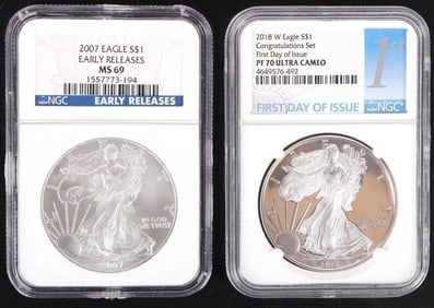 TWO FINE SILVER AMERICAN EAGLES NGC PF/MS