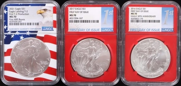 ASSORTED MS-70 SILVER EAGLES NGC CERTIFIED - (3)