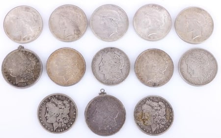 ASSORTED 90% SILVER MORGAN/ PEACE DOLLARS - (13)