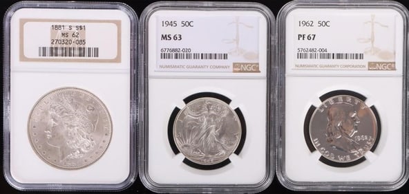 ASSORTED 90% SILVER MS/PF NGC U.S. COINS - (3)