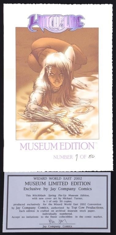 WITCHBLADE #1 MUSEUM EDITION 7/50 TOP COW: Witchblade #1 Museum Edition 7/50. Published by Top Cow. Limited edition cover art by Michael Turner. This edition is crafted on archival museum stock paper, individually numbered.Condition: 10.0 esti