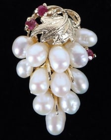 14K YELLOW GOLD BAROQUE PEARL & RUBY PENDANT