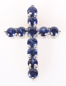 18K WHITE GOLD BLUE SAPPHIRE LADIES CROSS PENDANT