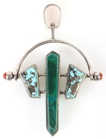 NAVAJO STERLING TURQUOISE & MALACHITE PENDANT