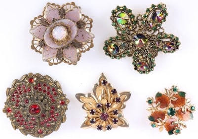 ANTIQUE FLORAL METAL COSTUME BROOCHES LOT (5)