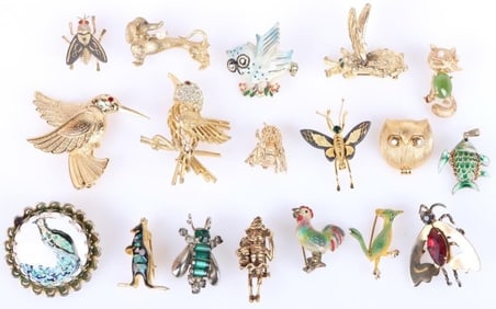 ANTIQUE METAL COSTUME ANIMAL BROOCHES LOT (19)