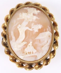 ANTIQUE CARVED CAMEO BRASS LADIES BROOCH