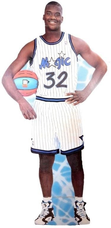 1993 KENNER SHAQ LIFE SIZE CARDBOARD CUTOUT: 1993 Kenner Shaquille O'Neal life size cardboard cutout. Magic basketball 7ft tall. Size: 7' Tall Condition: Some bent areas, especially around the head.
