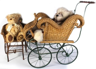 COLLECTOR'S BEARS W/ ANTIQUE WICKER CARRIAGES (4)