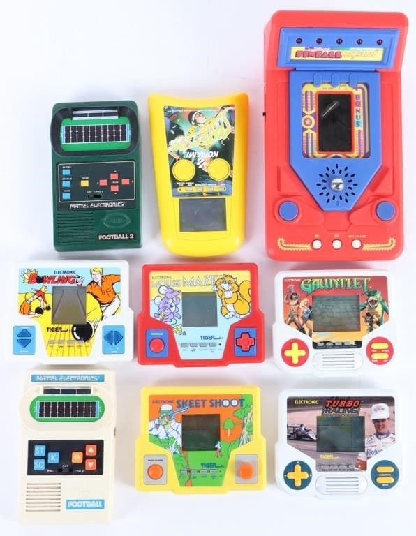 VINTAGE HANDHELD GAMES COLLECTION (9): Vintage Handheld Games Collection to include: 1977 Mattel Electronics Football, 1978 Mattel Electronics Football, 1987 Tiger Electronics Mouse Maze, Skeet Shoot, Gauntlet, Turbo Racing & Bowling, 1989