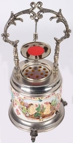 SILVER & PORCELAIN VERTICAL CIGARETTE & MUSIC BOX