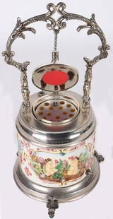 SILVER & PORCELAIN VERTICAL CIGARETTE & MUSIC BOX: Silver and Porcelain Vertical Cigarette Case & Music Box. To feature several babies in hand-painted porcelain around the case and lid of box. Located underneath the box is the music box winding key, m